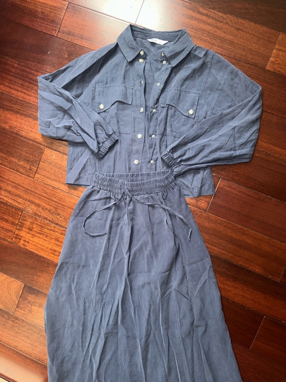 Blue Two-Piece Set - Button Front Top & Elastic Waist Skirt